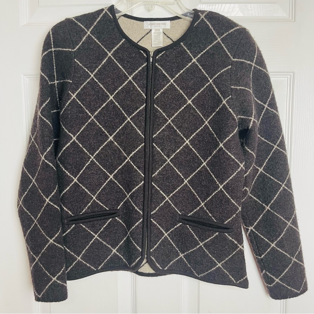 Jones New York Cardigan Merino Wool Australia Petite S Black Gray Zip Sweater